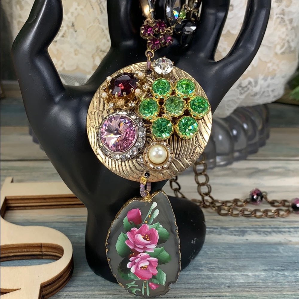 Vintage-Inspired Gold Pendant Necklace with Pink Floral Drop and Green Crystals